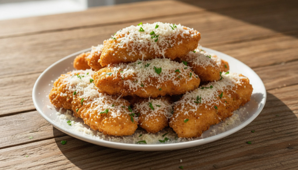 Golden-brown chicken tenders tossed with grated Parmesan cheese and fresh parsley on a white plate