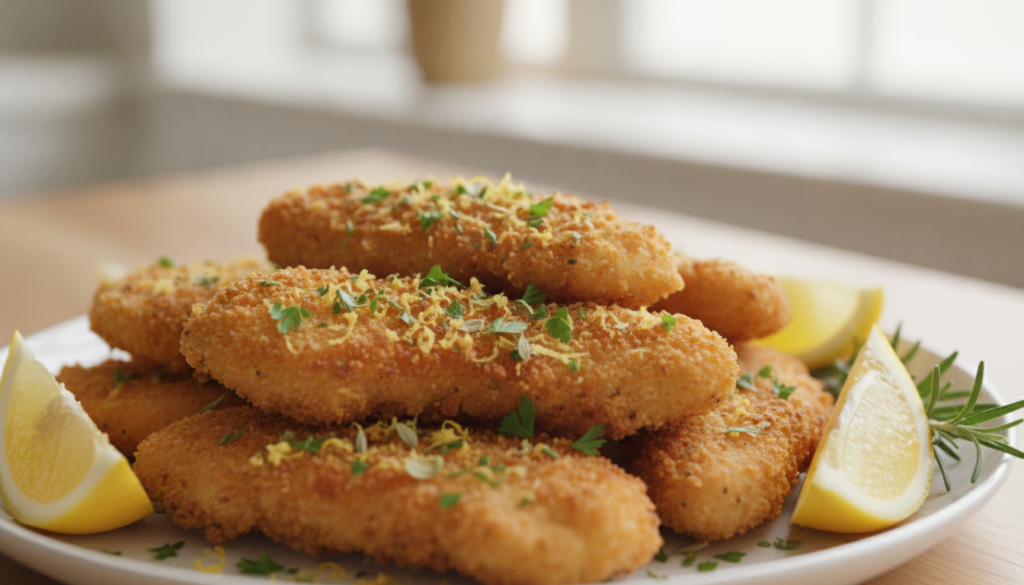 Crispy chicken tenders with visible flecks of herbs and lemon zest garnished with fresh lemon wedges and herbs