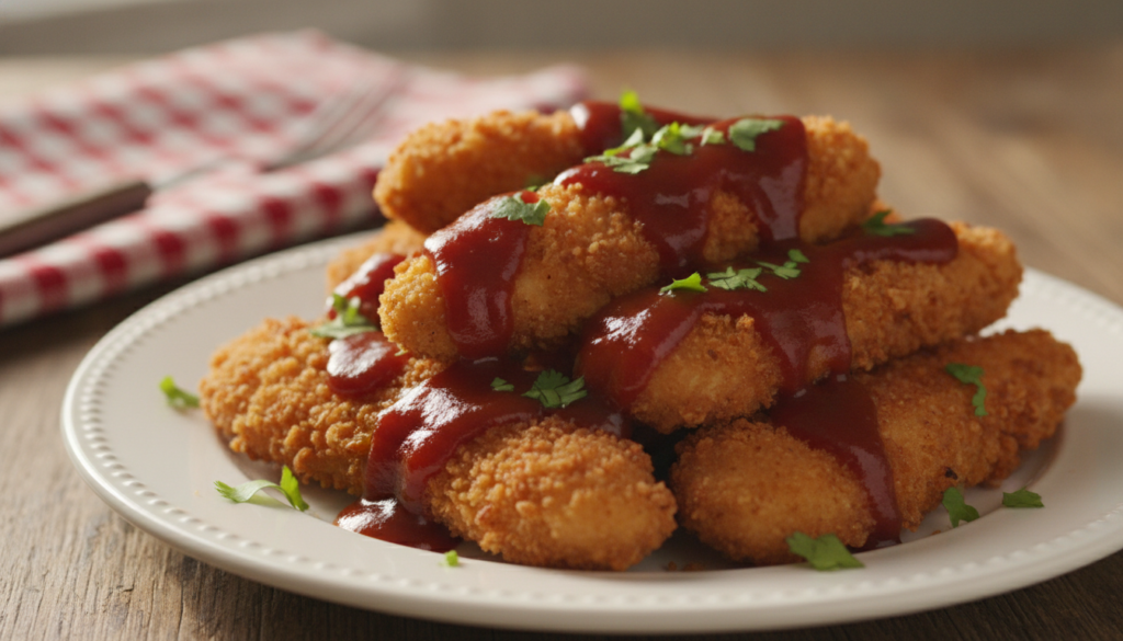 BBQ Chicken Tenders coated in a rich tangy BBQ sauce garnished with fresh cilantro