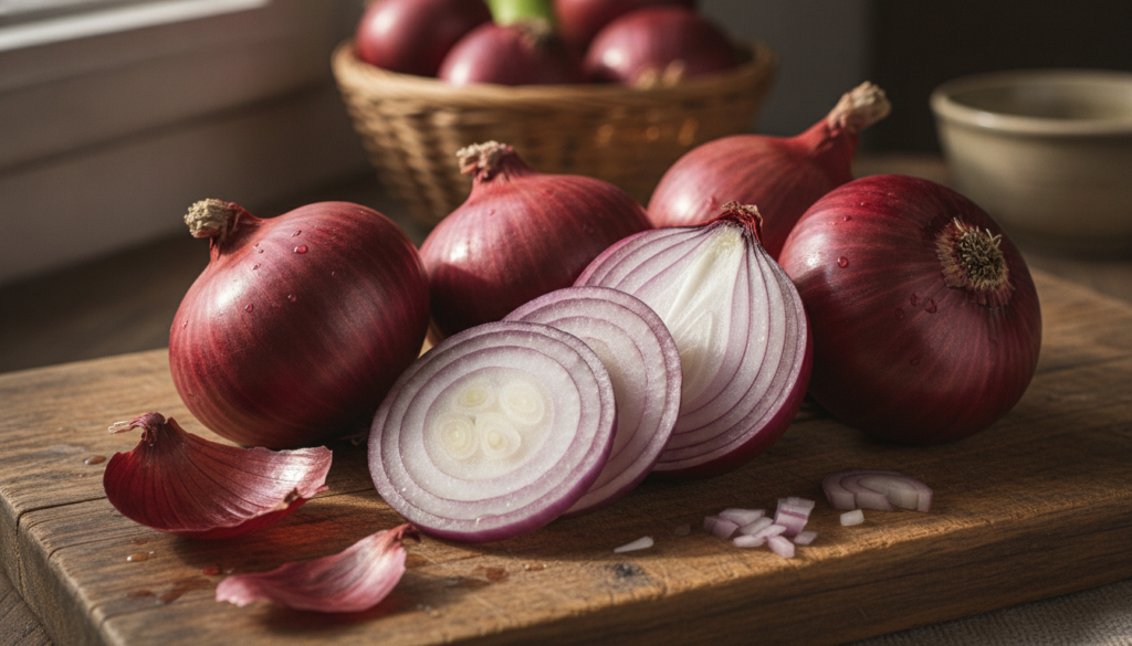 An assortment of fresh red onions on a wooden cutting board with one onion cut into slices ready for use emphasizing the