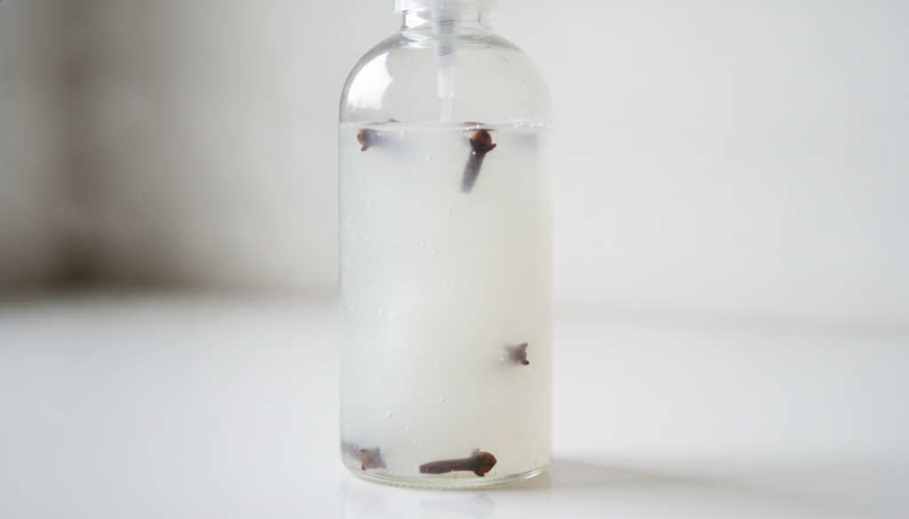 A close-up of a clear glass spray bottle filled with milky rice water and whole cloves inside against a clean bright bac