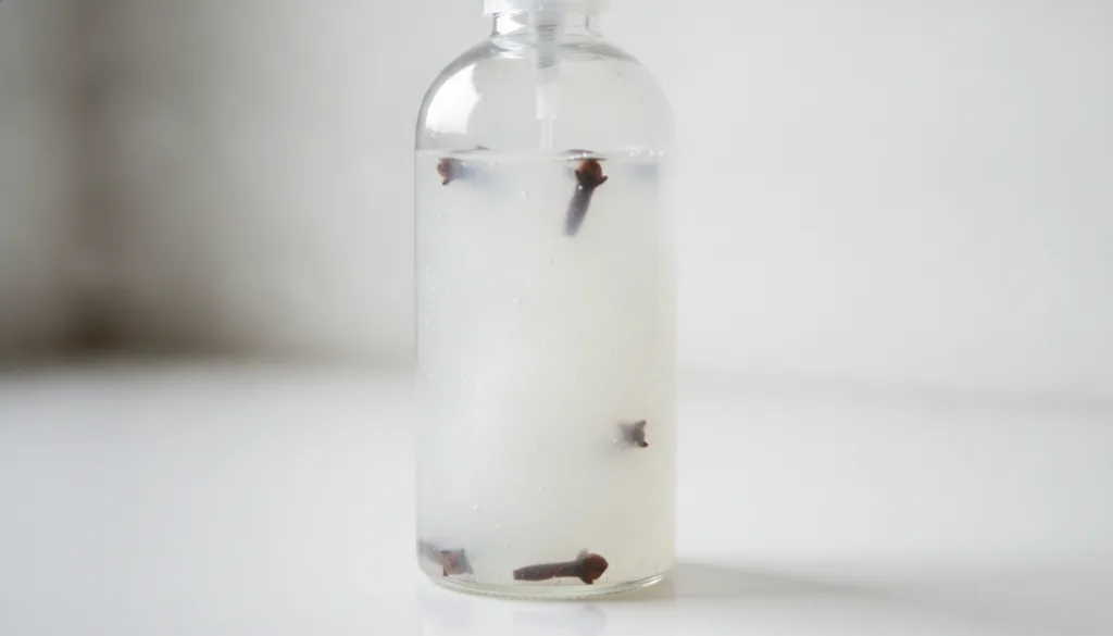 A close-up of a clear glass spray bottle filled with milky rice water and whole cloves inside against a clean bright bac