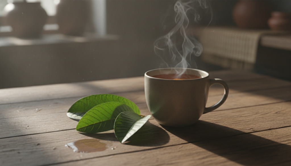 A warm mug of guava leaf tea with fresh guava leaves scattered beside it on a wooden table