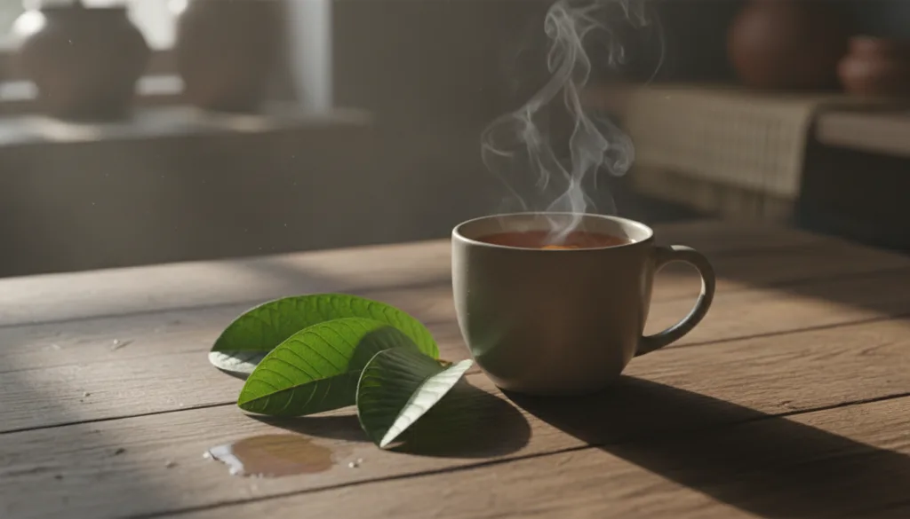 A warm mug of guava leaf tea with fresh guava leaves scattered beside it on a wooden table