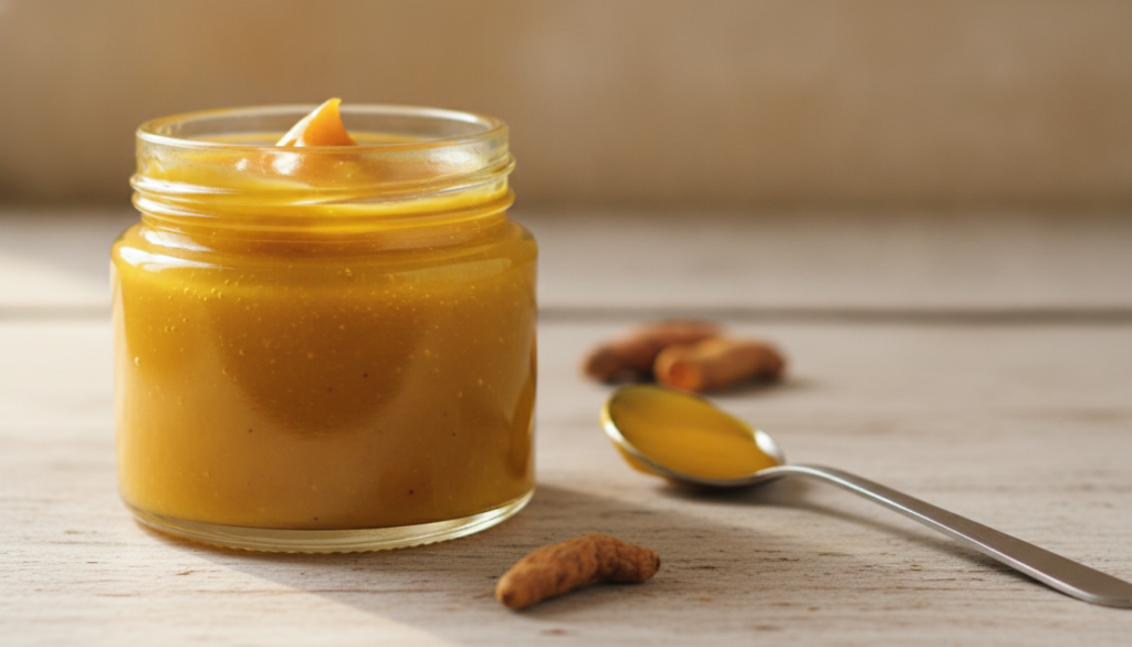 Close-up of a small glass jar filled with the yellow-orange Vaseline and turmeric night gel with a mixing spoon nearby