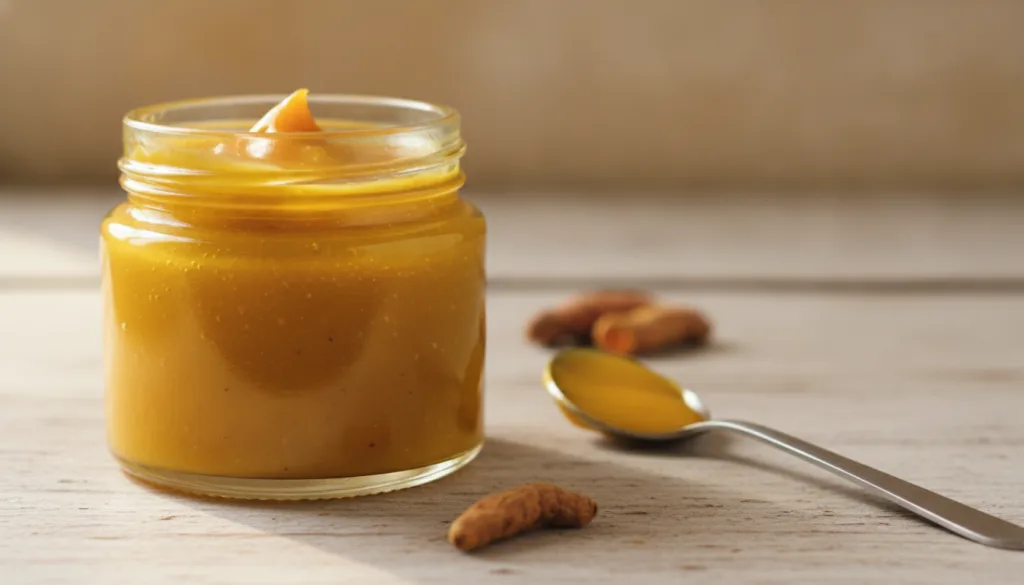 Close-up of a small glass jar filled with the yellow-orange Vaseline and turmeric night gel with a mixing spoon nearby