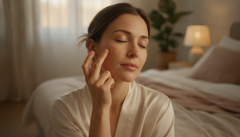 A woman gently applying a small amount of the yellow night gel to her cheek before bed in a soft diffused light