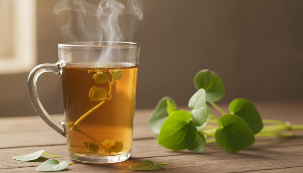 A prepared Pansit-pansitan tea in a clear mug steaming gently with fresh leaves in the background