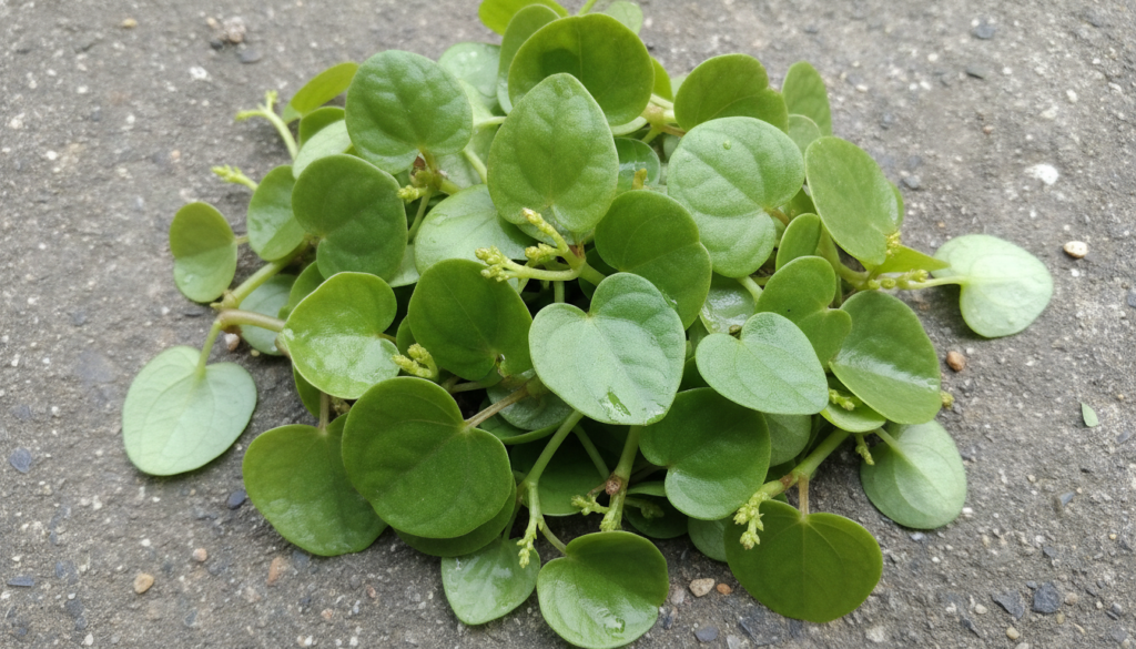 A close-up of harvested fresh Peperomia pellucida Pansit-pansitan leaves and stems showing their heart shape and glossy 