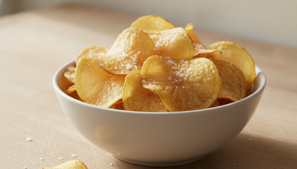 A white bowl filled with perfectly golden thinly sliced classic homemade potato chips sprinkled with visible sea salt fl