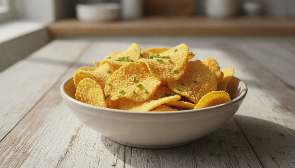 A bowl of golden homemade potato chips dusted generously with yellow cheese powder a few chives sprinkled on top for gar