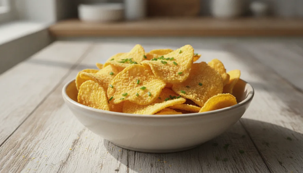 A bowl of golden homemade potato chips dusted generously with yellow cheese powder a few chives sprinkled on top for gar