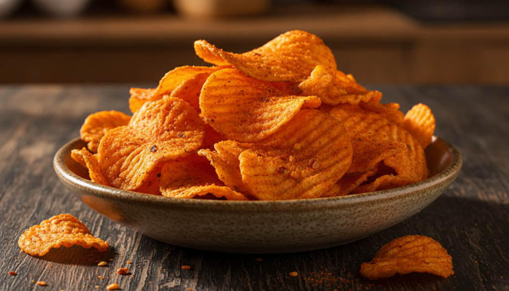 A bowl of spicy red-orange homemade potato chips seasoned with visible chili flakes and paprika on a dark wooden backgro