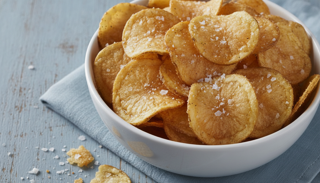 A white bowl of homemade potato chips glistening with a slight sheen generously dusted with white vinegar powder and sea
