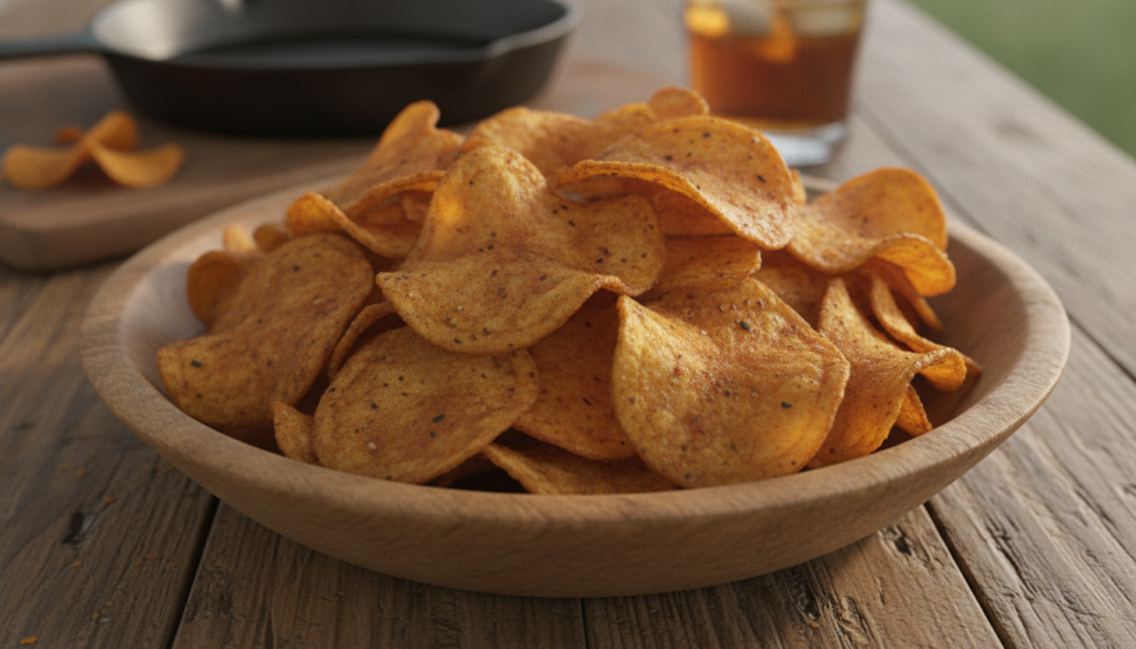 A large bowl of homemade BBQ potato chips deep golden brown with a reddish hue from the seasoning visible spices on a ru