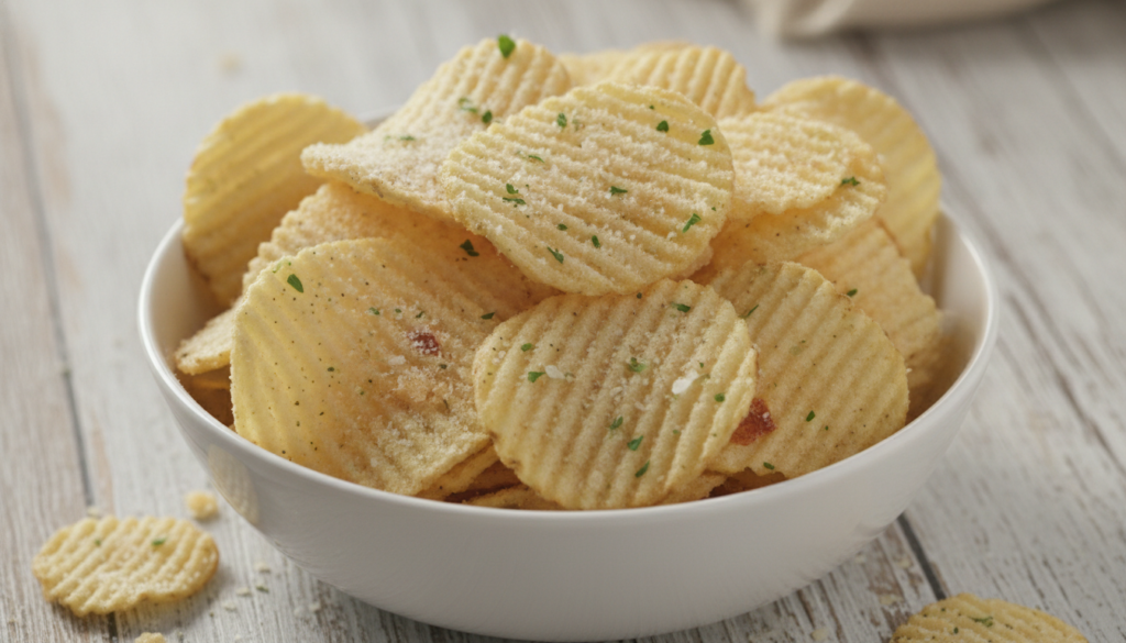 A white bowl brimming with homemade sour cream and onion potato chips visibly seasoned with green dried parsley onion po