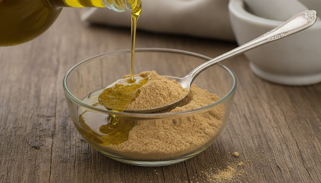Close-up of ginger powder and olive oil being prepared in a small bowl