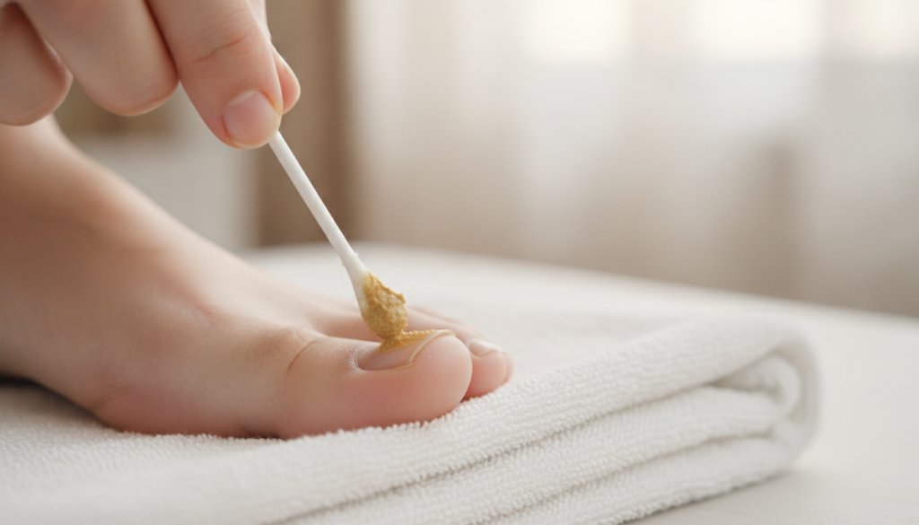 A person applying ginger paste to a toenail using a cotton swab