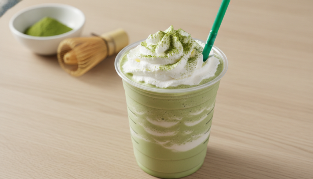 A Matcha Crème Frappuccino in a clear cup with a green straw topped with whipped cream A small bowl of matcha powder is 