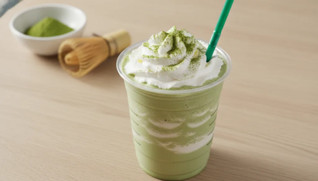 A Matcha Crème Frappuccino in a clear cup with a green straw topped with whipped cream A small bowl of matcha powder is 