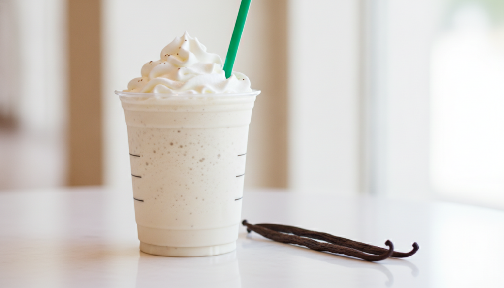 A Vanilla Bean Crème Frappuccino in a clear cup with a green straw topped with whipped cream and visible vanilla bean sp