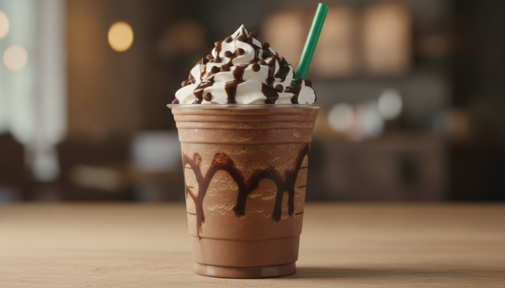 A Double Chocolate Chip Crème Frappuccino in a clear cup with a green straw topped with whipped cream and chocolate chip