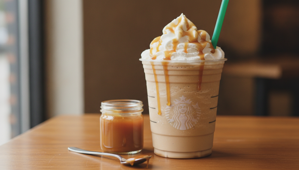 A Caramel Ribbon Crème Frappuccino in a clear cup with a green straw topped with whipped cream and caramel drizzle A sma