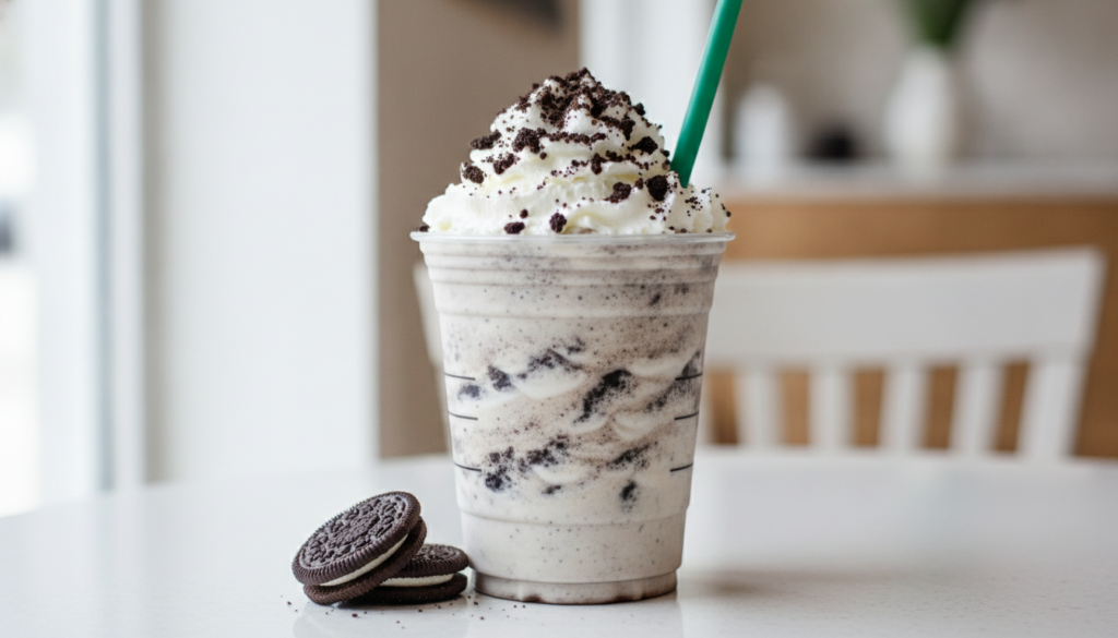 A Cookies Cream Crème Frappuccino in a clear cup with a green straw topped with whipped cream and crushed cookies Whole 