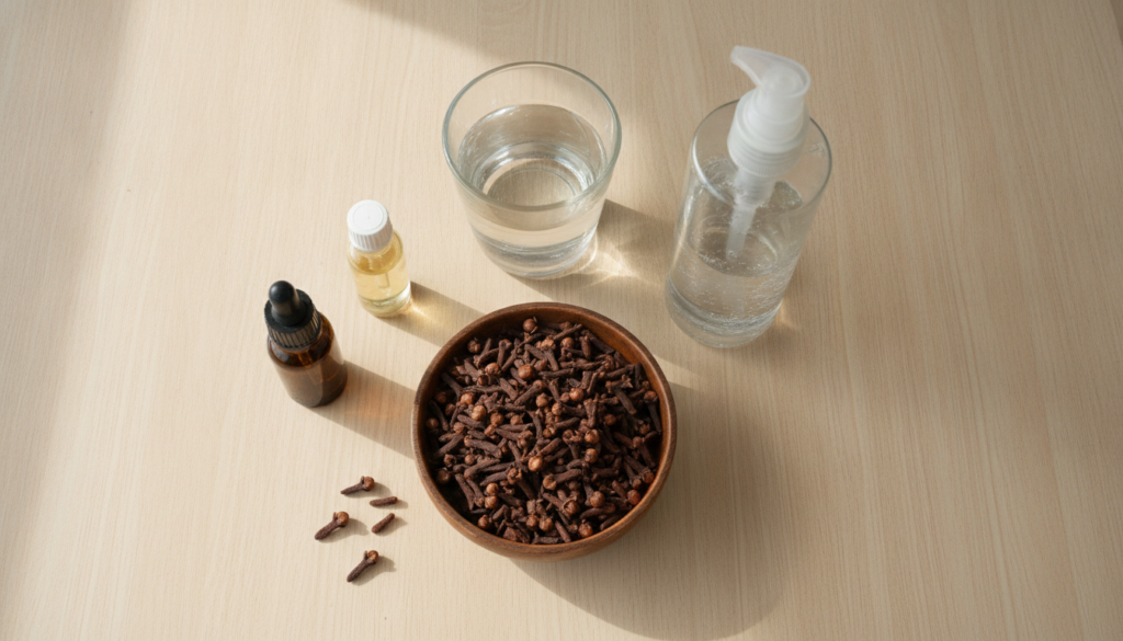 Ingredients for clove glass skin gel whole cloves in a small bowl a bottle of aloe vera gel a glass of water and small b