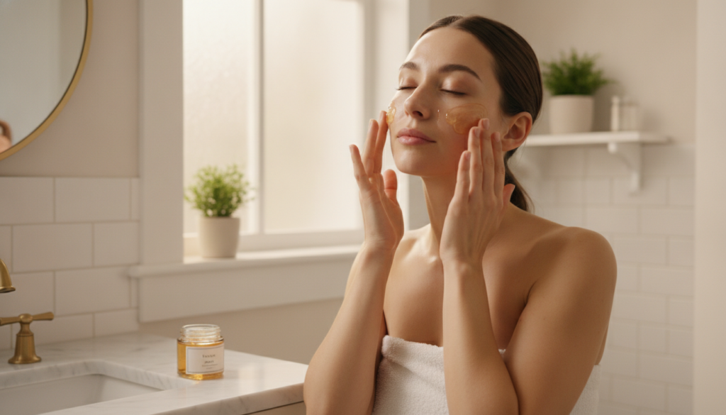 A woman gently applying a small amount of the amber clove gel to her clean face massaging it in with soft circular motio