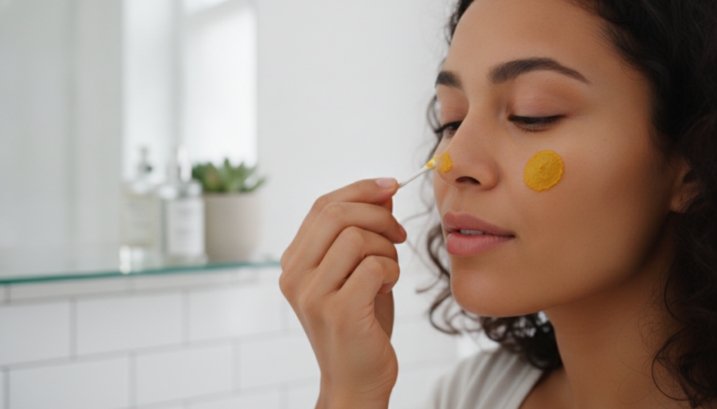 A woman applying a small amount of yellow turmeric and Vaseline mixture to a dark spot on her cheek with a cotton swab i