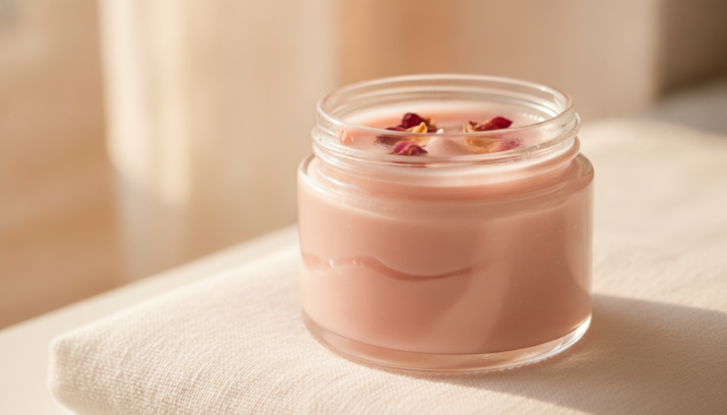 Close-up of a small glass jar with a homemade Vaseline and rose water balm with a few dried rose petals visible on a sof
