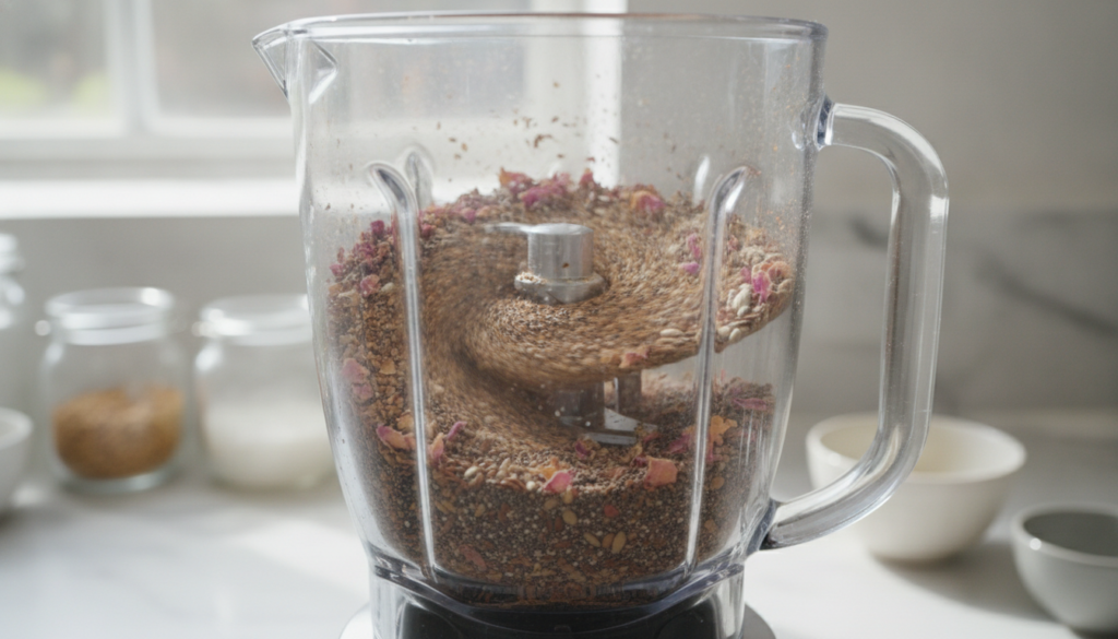 Close-up of a high-speed blender grinding various seeds and dried rose petals into a fine powder The powder is light bro