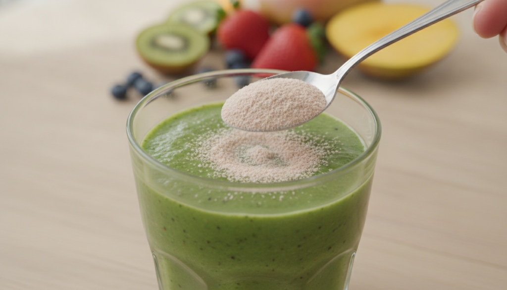 A glass of vibrant green smoothie with a spoon stirring in the homemade beauty powder Fresh fruits and a small bowl of t