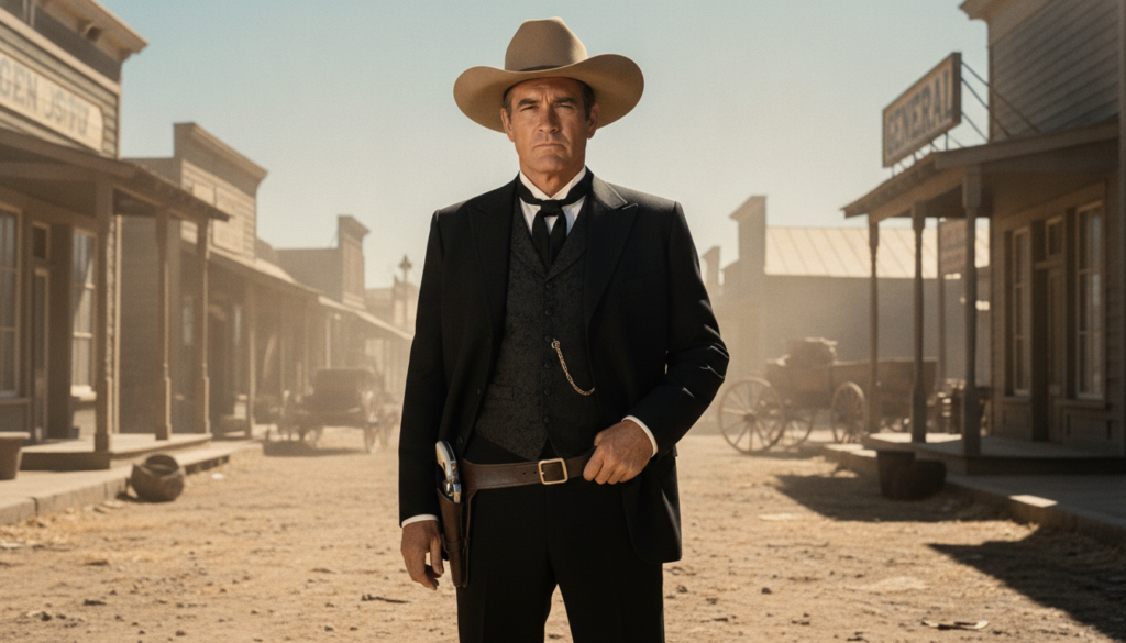 James Garner as Bret Maverick in a Western setting wearing a cowboy hat and a period suit with a poker face