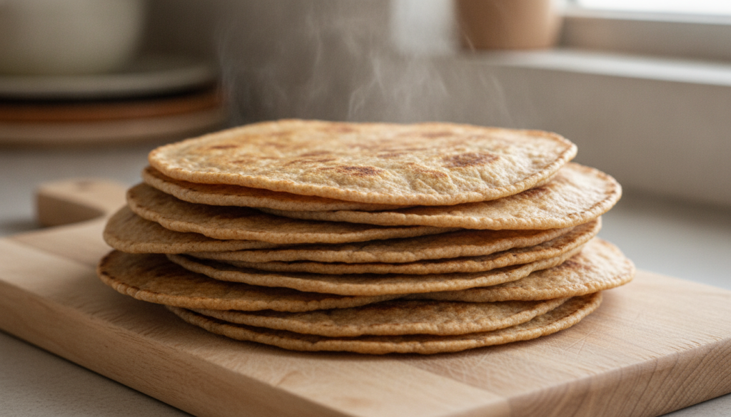 A stack of warm whole wheat tortillas with a slightly darker rustic appearance on a neutral background