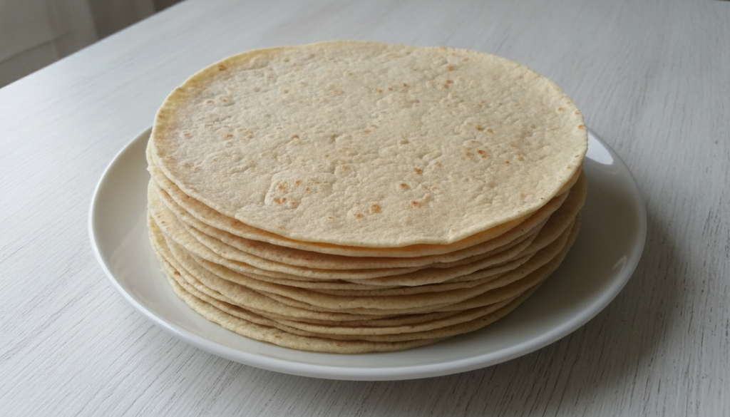 A stack of light-colored slightly textured gluten-free oat flour tortillas on a clean white surface