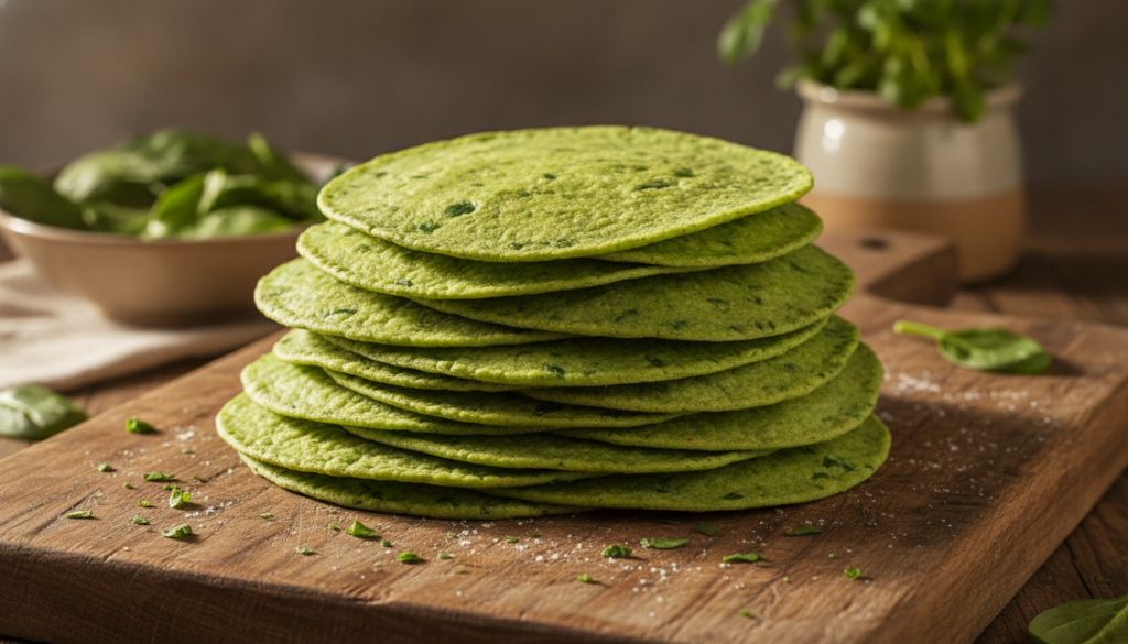 A stack of bright green spinach tortillas with visible flecks of spinach on a rustic cutting board
