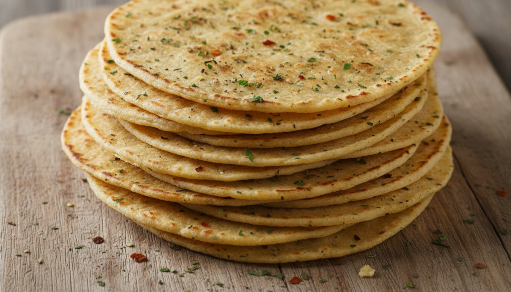 A stack of light-colored tortillas flecked with green herbs and spices on a rustic background