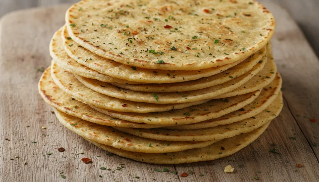 A stack of light-colored tortillas flecked with green herbs and spices on a rustic background