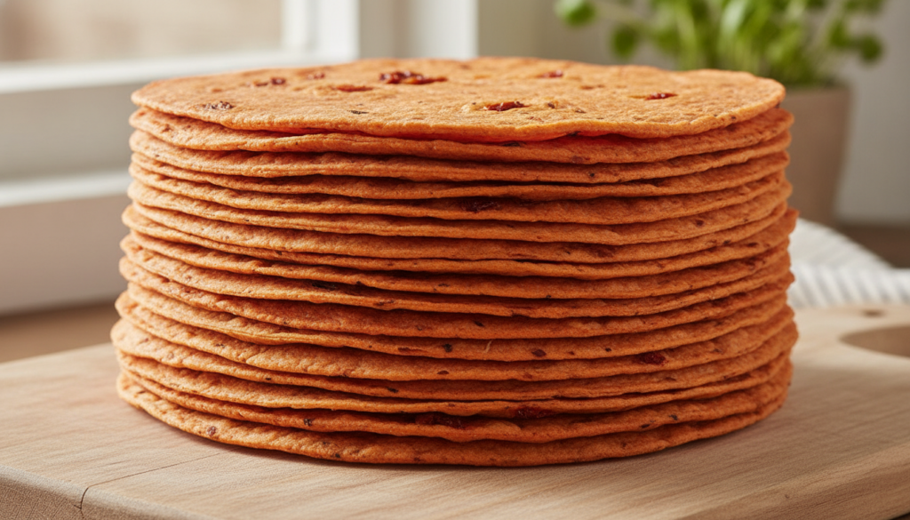 A stack of reddish-orange sun-dried tomato tortillas with visible specks of tomato on a light-colored background