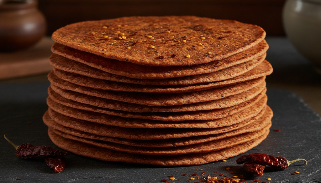 A stack of reddish-brown spicy chipotle tortillas with hints of chili flakes on a dark textured surface