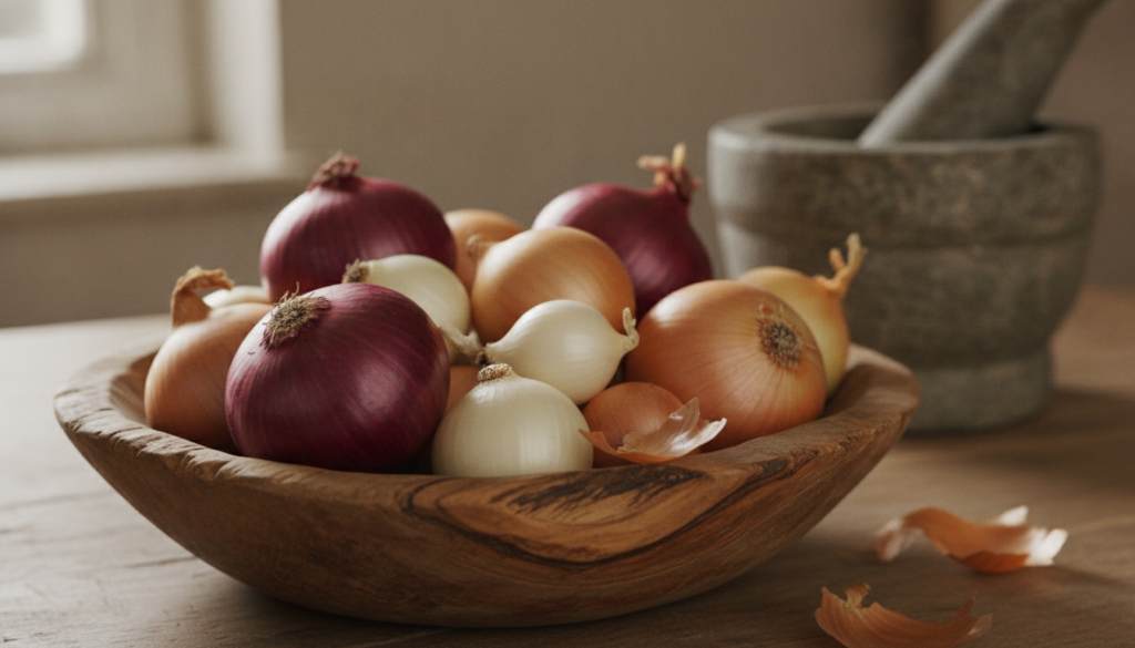 An array of fresh colorful onions red yellow white in a rustic wooden bowl with a vintage mortar and pestle in the backg