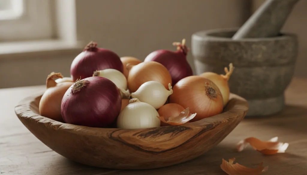An array of fresh colorful onions red yellow white in a rustic wooden bowl with a vintage mortar and pestle in the backg