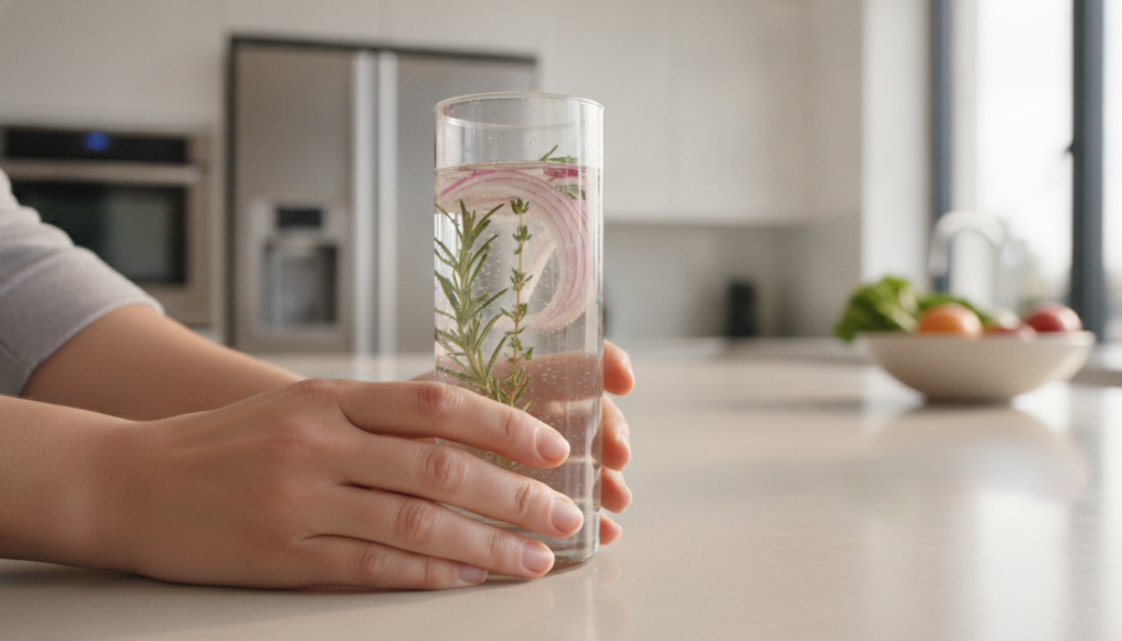 A person s hands holding a glass of clear infused water possibly onion water with a blurred background of a modern kitch