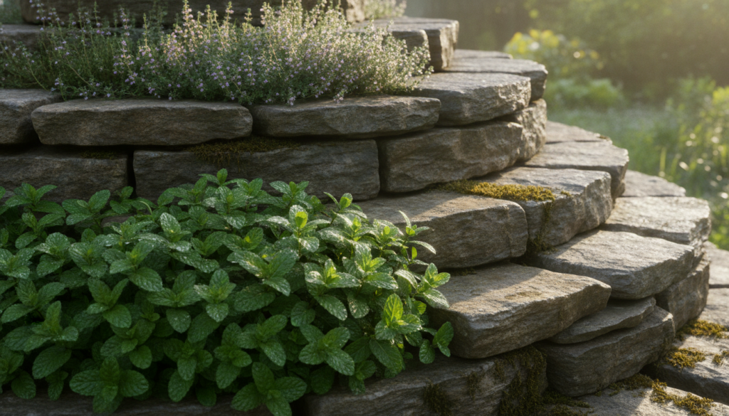 Close-up of a spiral herb garden showing thriving mint plants in the lower moister section and thyme on a drier higher t
