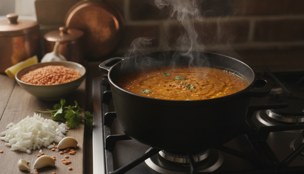 A close-up shot of a vibrant red lentil soup simmering gently in a pot on a stovetop with steam rising Fresh ingredients