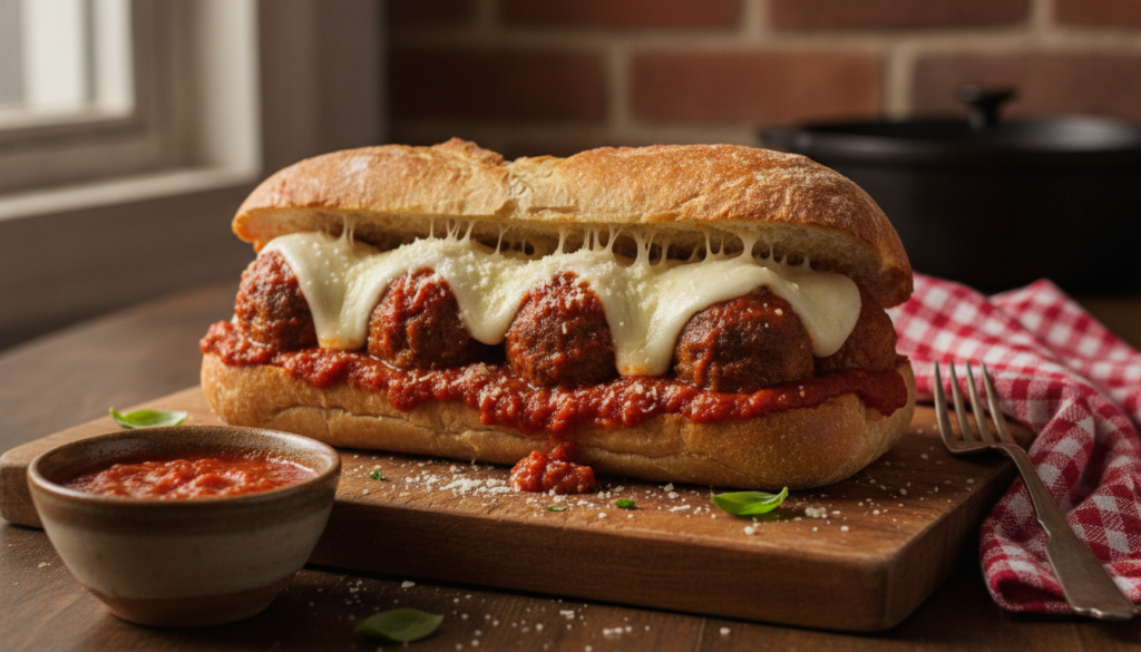 A hearty meatball sub filled with savory meatballs rich marinara sauce and melted mozzarella cheese topped with a sprink