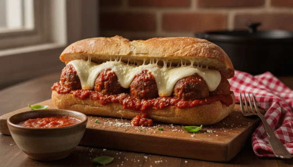 A hearty meatball sub filled with savory meatballs rich marinara sauce and melted mozzarella cheese topped with a sprink
