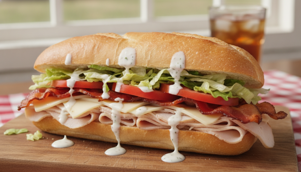 A fresh and vibrant Turkey Bacon Ranch sub showing layers of sliced turkey breast crispy bacon Swiss cheese shredded let